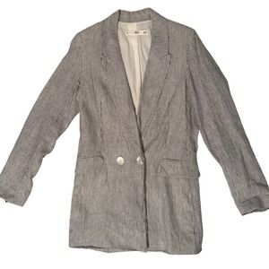 MNG Casual Womens Navy Blue & White Striped Linen Double-Breasted Casual Blazer
